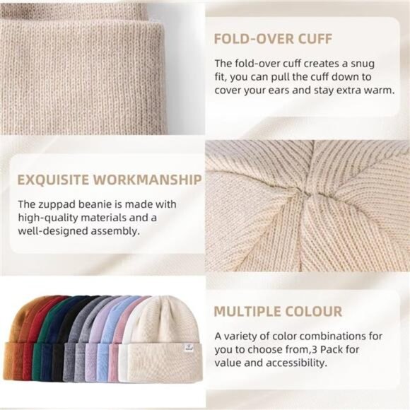 3 Pack Unisex Satin Lined Winter Beanie Hat Silk Lined Knit Soft Cuffed Hat main image 4